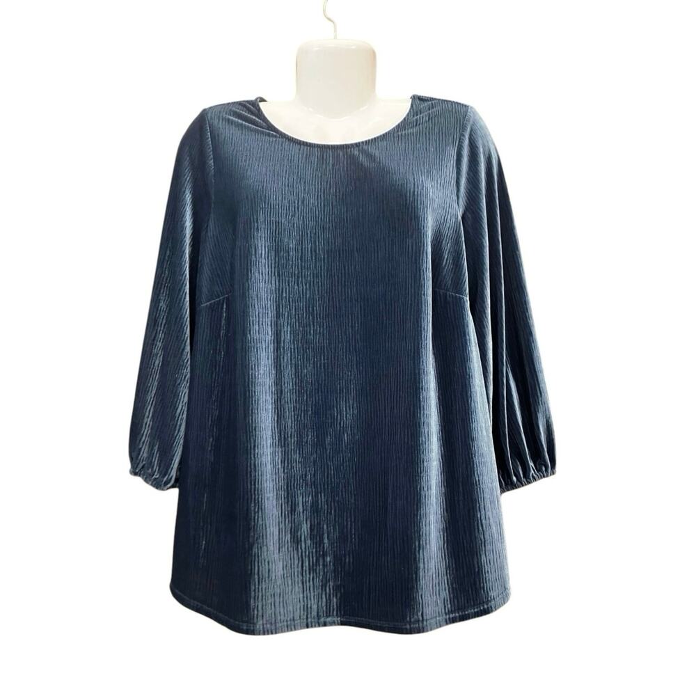 Adrianna Papell Women's Blue Ribbed Velour 3/4 Balloon Sleeve Soft Shirt SZ 1X